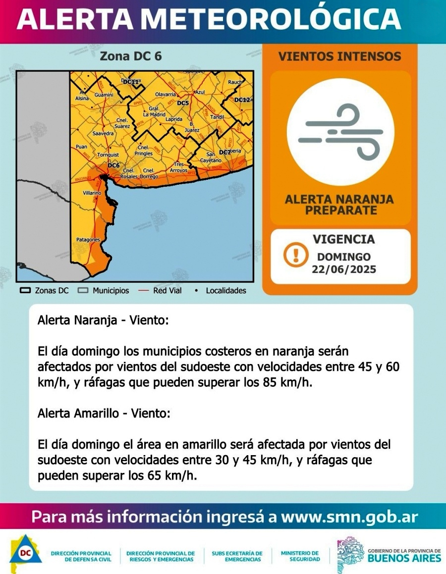 Alerta amarilla y naranja por vientos fuertes en Suárez y zona