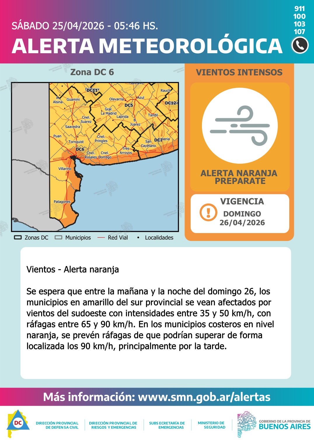 Alerta amarilla y naranja por vientos para este domingo 26 de abril